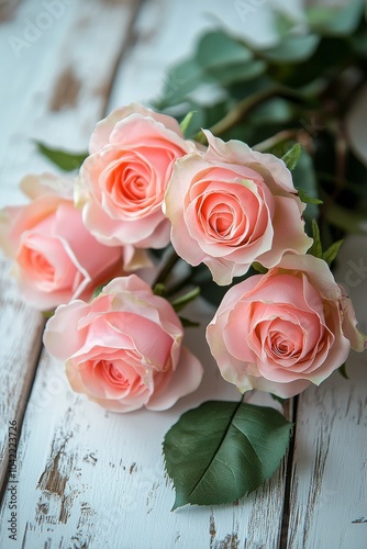 Soft pink roses arranged gracefully on a rustic wooden table, perfect for any...