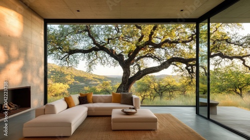 A modern sustainable interior featuring large windows overlooking green hills and a majestic tree in warm evening light