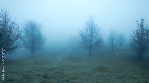 Misty autumn morning in the mountains, with colorful foliage and fog covering the peaks, creating a serene and calming atmosphere for visuals.