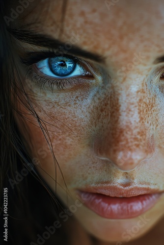 Close up view capturing a striking blue eye with detailed eyelashes and skin ...