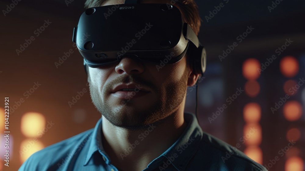 Man wearing virtual reality headset having great fun