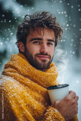 Man wrapped in a yellow blanket enjoys a warm drink in a snowy forest during ...