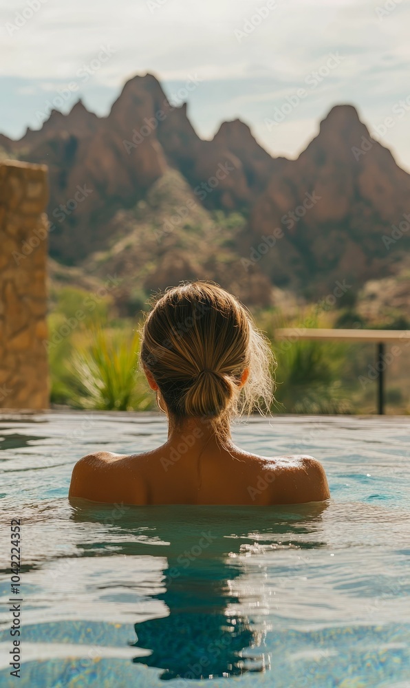 Fototapeta premium Woman in a pool with mountain view.
