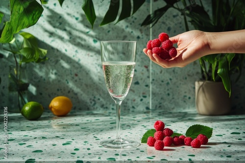 Hand holding fresh raspberries above a clear glass on a kitchen countertop su...