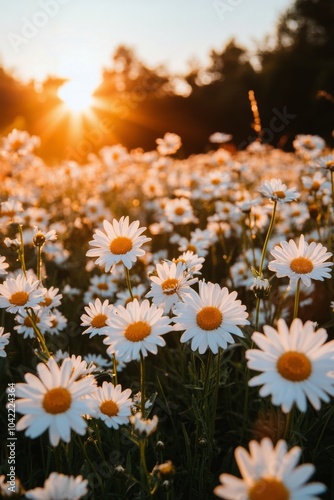 Sunset over a field of blooming daisies with golden rays illuminating the flo...