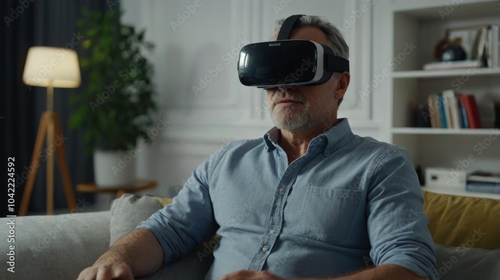 Adult man wearing VR virtual reality glasses playing on the sofa in the room