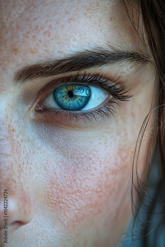 Close up view capturing a striking blue eye with detailed eyelashes and skin ...