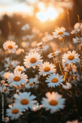 Sunset over a field of blooming daisies with golden rays illuminating the flo...