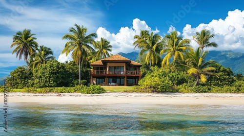 Relaxing tropical house surrounded by palm trees at sunset in a serene landscape