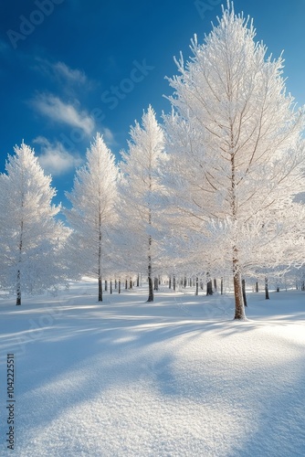 Snowy winter landscape featuring frosted trees under a bright blue sky