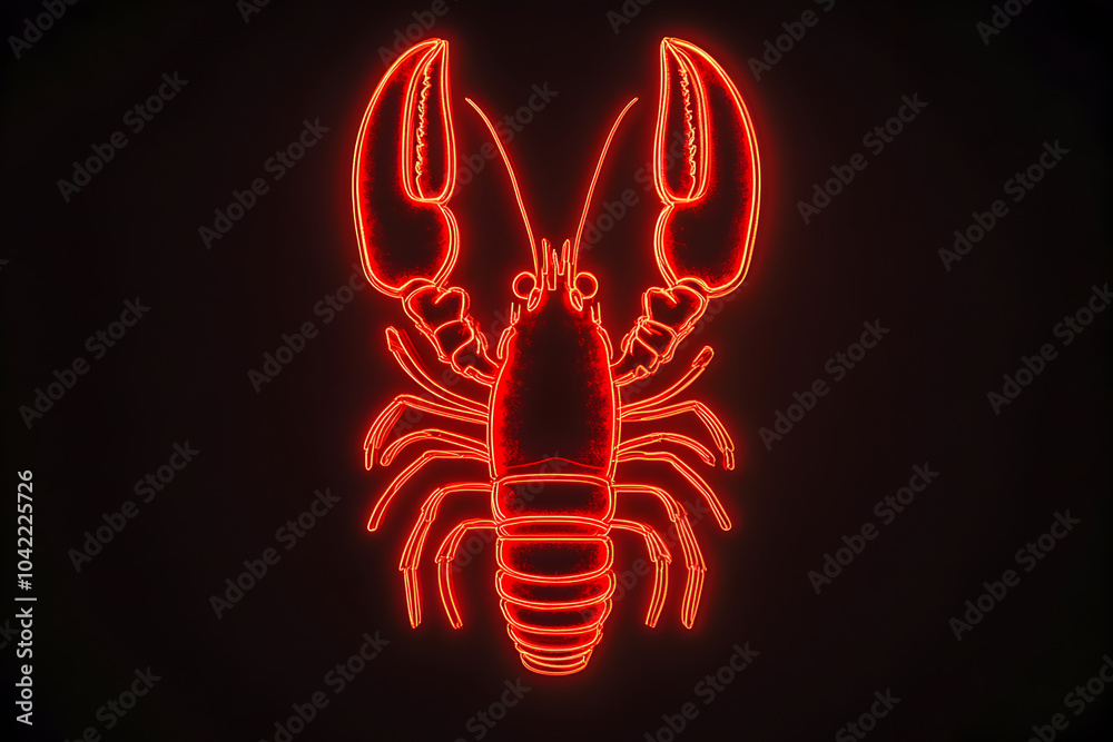 Obraz premium Vibrant red neon lobster icon isolated on black background.