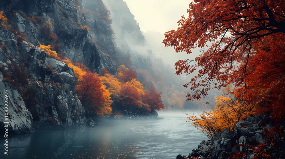 Fototapeta premium Fog-covered autumn mountain peaks, surrounded by vibrant fall colors and misty valleys, ideal for capturing the beauty of nature in stock images.