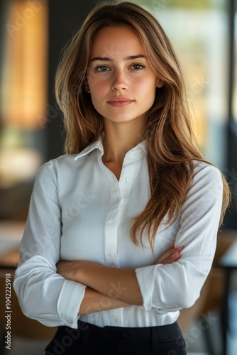 Confident young woman in a white shirt poses with arms crossed in a stylish o...