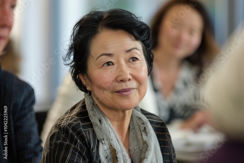 A woman with a scarf on her neck is smiling. Generative AI