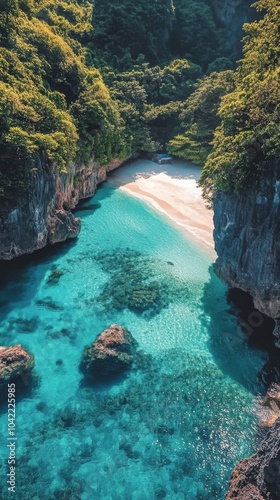 A serene tropical coastline with turquoise waters at midday under clear skies