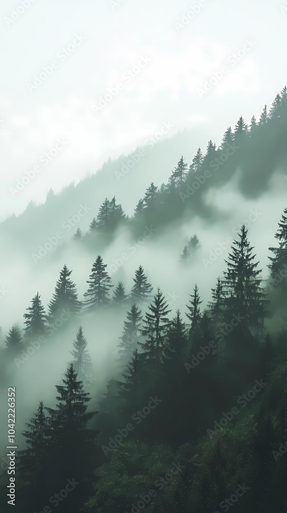 Fototapeta premium Autumn mountains shrouded in fog, with golden and red leaves on the trees, perfect for tranquil and reflective stock landscape photography.