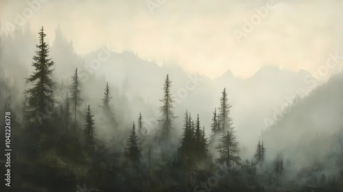 Autumn mountains shrouded in fog, with golden and red leaves on the trees, perfect for tranquil and reflective stock landscape photography.