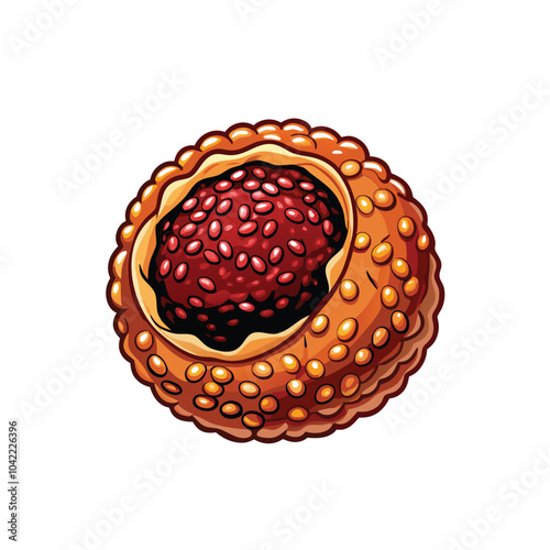 Detailed vector illustration of a fried sesame ball, jian dui, with a red bean filling.