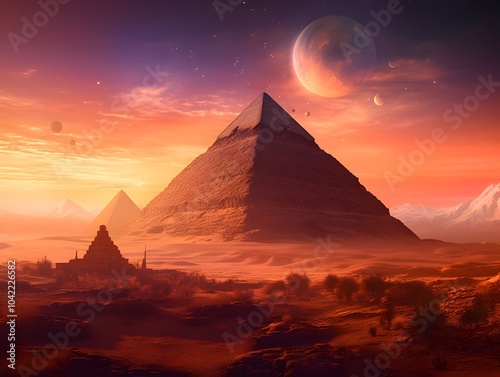 Futuristic egyptian pyramids under alien planetary skies in a desert landscape