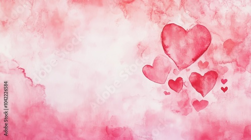 Romantic Pink Hearts Floating on Watercolor Background