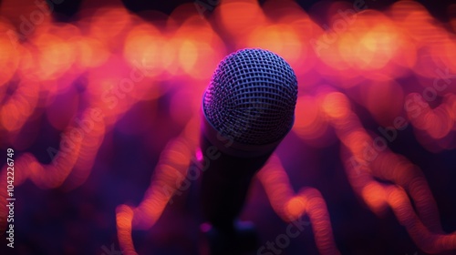 A close up of a microphone in front of colorful lights during a live music ev...
