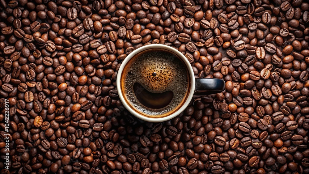 reflected panoramic coffee background of a cup of black coffee covered with coffee bubble on roasted arabica coffee beans reflected panoramic coffee background of a cup of black coffee covered with coffee bubble on roasted arabica coffee beans