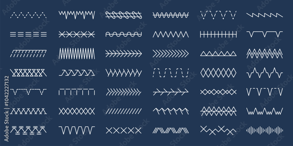 Sewing stitches. Structures and different types of embroidery ornament stitch lines recent vector templates set