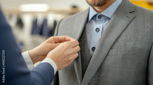 A tailor adjusts a client's gray suit, ensuring a perfect fit. The client stands patiently, dressed in a blue shirt beneath the suit.