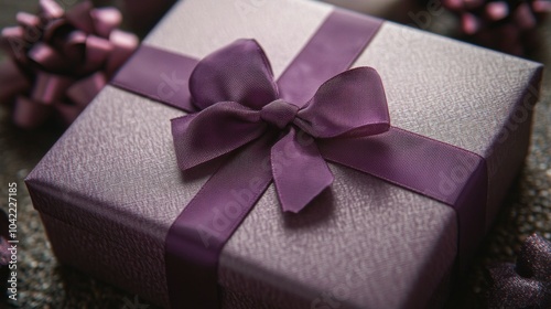 A beautifully wrapped lavender gift box adorned with a satin ribbon among fre...