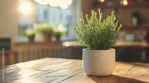 Bright indoor space with potted plant on wooden table surrounded by greenery ...