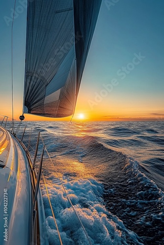 Sailing at sunset with a view of the horizon and water under a clear sky