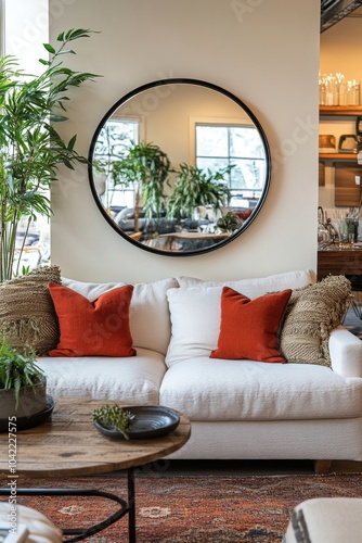 Cozy living room with a white couch, decorative pillows, and a large round mi...
