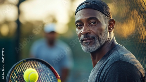 A young man prepares to serve tennis on a sunny day at an urban court surroun...