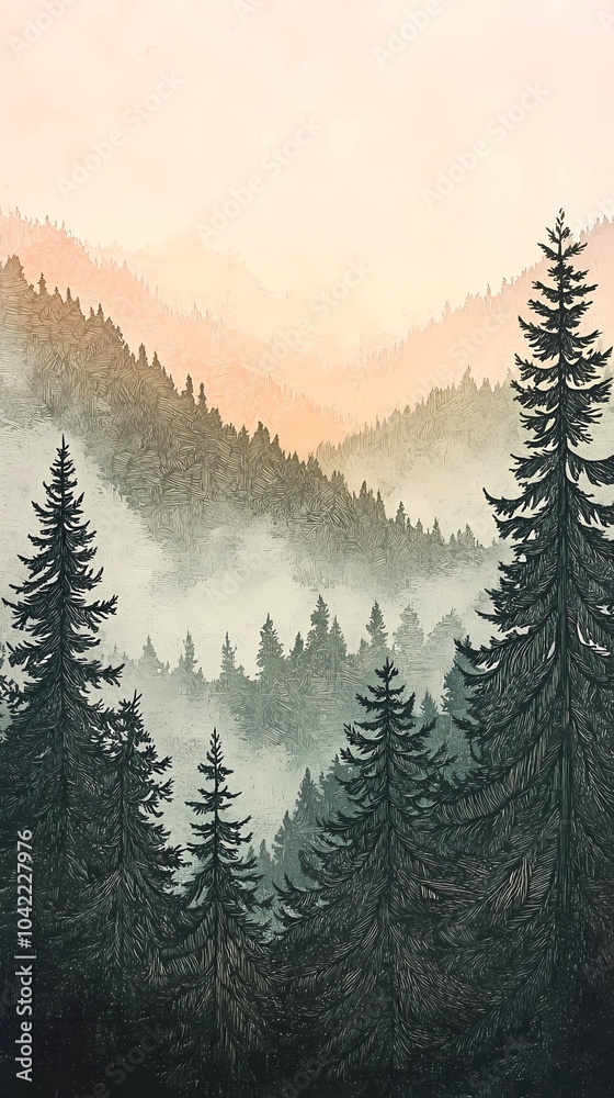 Fototapeta premium Misty autumn mountain range with colorful fall foliage, fog rolling through the valleys, creating a calm and atmospheric scene for nature imagery.