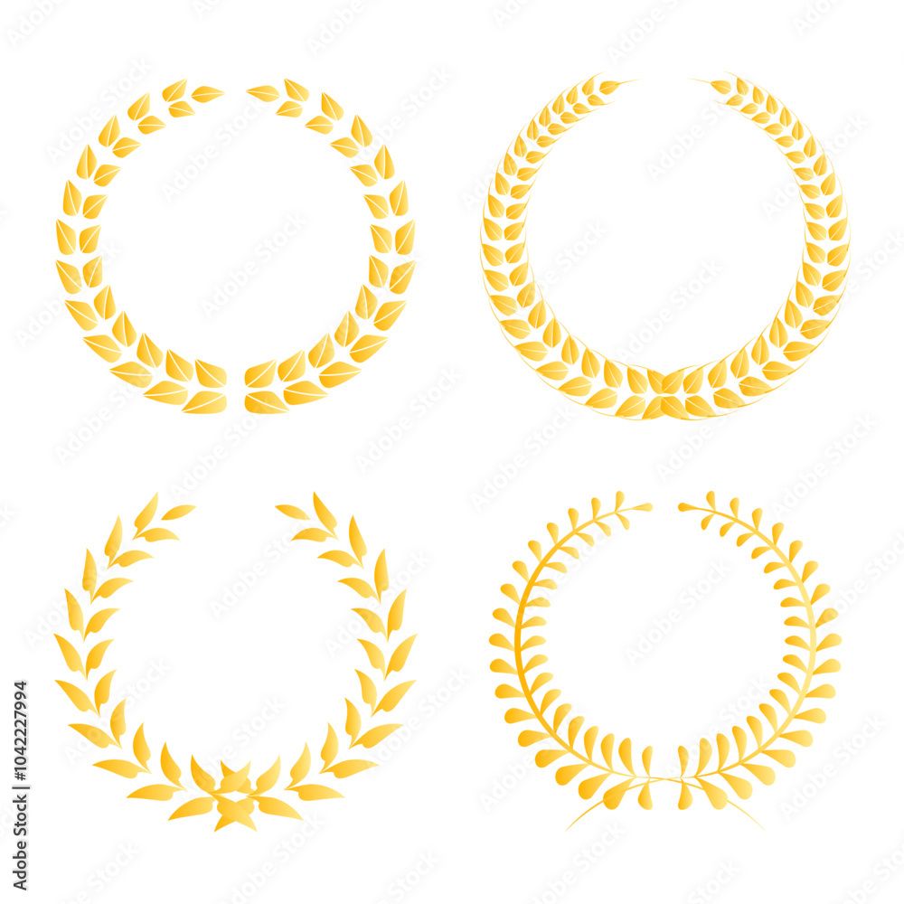 Four golden laurel wreaths are arranged in a square pattern with unique leaf styles. Each wreath symbolizes victory, honor, accomplishment, and prestige. Ideal for awards, certificates, logos Four golden laurel wreaths are arranged in a square pattern with unique leaf styles. Each wreath symbolizes victory, honor, accomplishment, and prestige. Ideal for awards, certificates, logos