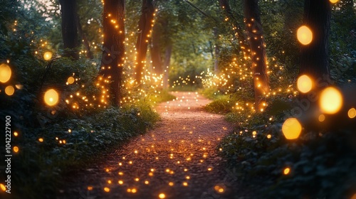 Serene winding path illuminated by fairy lights in a tranquil forest during twilight hours