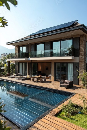 Wallpaper Mural Two children walking towards their modern home by the pool on a sunny day in the suburbs Torontodigital.ca