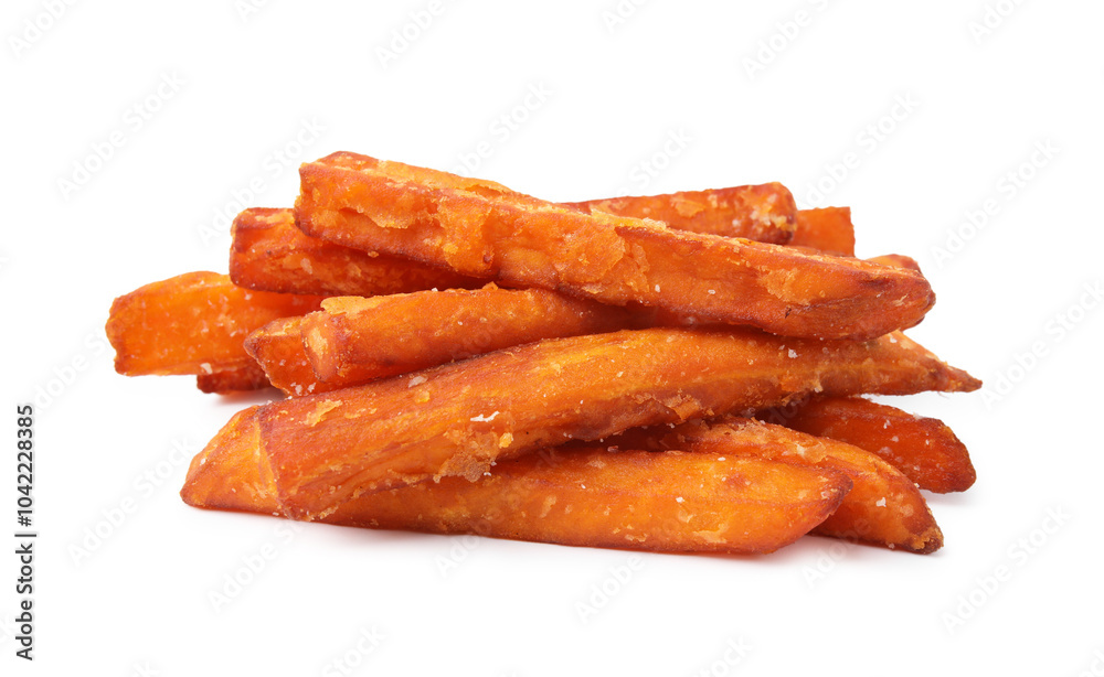 Delicious sweet potato fries isolated on white Delicious sweet potato fries isolated on white