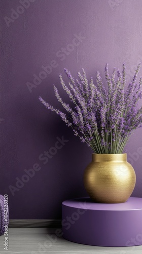 Beautiful lavender bouquet in a golden vase displayed in a light purple corner