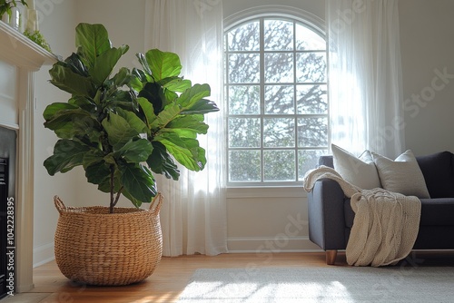 Bright and airy living room featuring a large indoor plant with stylish decor...