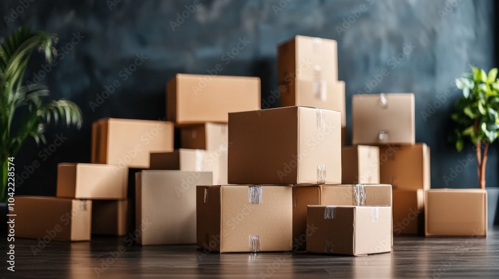 Fototapeta premium Stack of Cardboard Boxes in Room with Plants