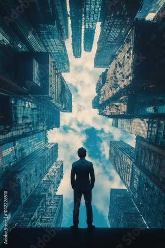 A businessman gazes upward between towering skyscrapers in an urban setting d...