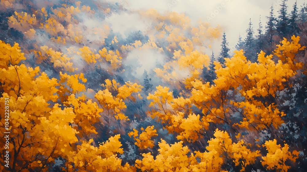 Misty autumn mountain range with colorful fall foliage, fog rolling through the valleys, creating a calm and atmospheric scene for nature imagery. Misty autumn mountain range with colorful fall foliage, fog rolling through the valleys, creating a calm and atmospheric scene for nature imagery.