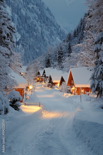 A tranquil winter evening reveals a quiet village adorned with snow
