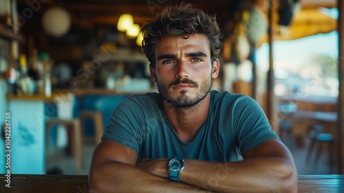 Young man in a cozy caf smiling while sitting at a wooden table during daytime