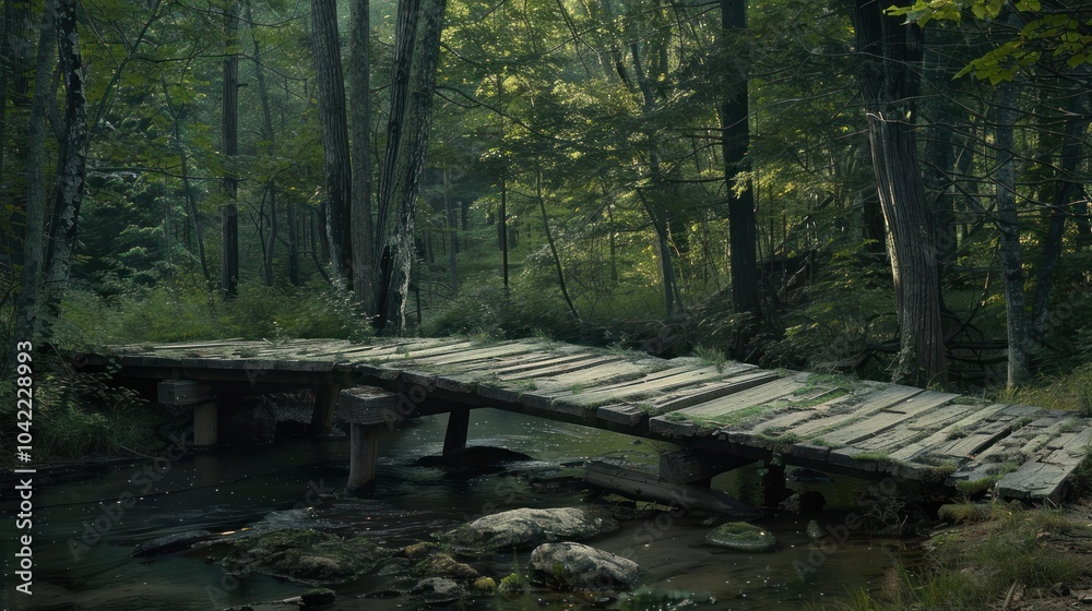 Wooden Bridge in a Lush Forest