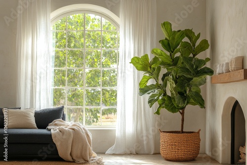 Bright and airy living room featuring a large indoor plant with stylish decor...