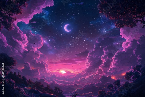 A vivid moonlit sky illuminated by a colorful full moon over a serene cloud f...