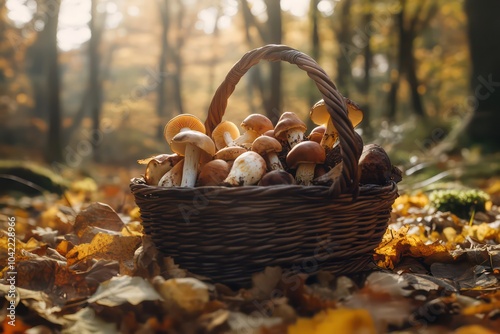 Basket of a variety of edible mushrooms, long stems and short stems, in forest, november atmosphere photo