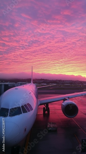 Sunset view of an airplane at the airport with vibrant skies in the background